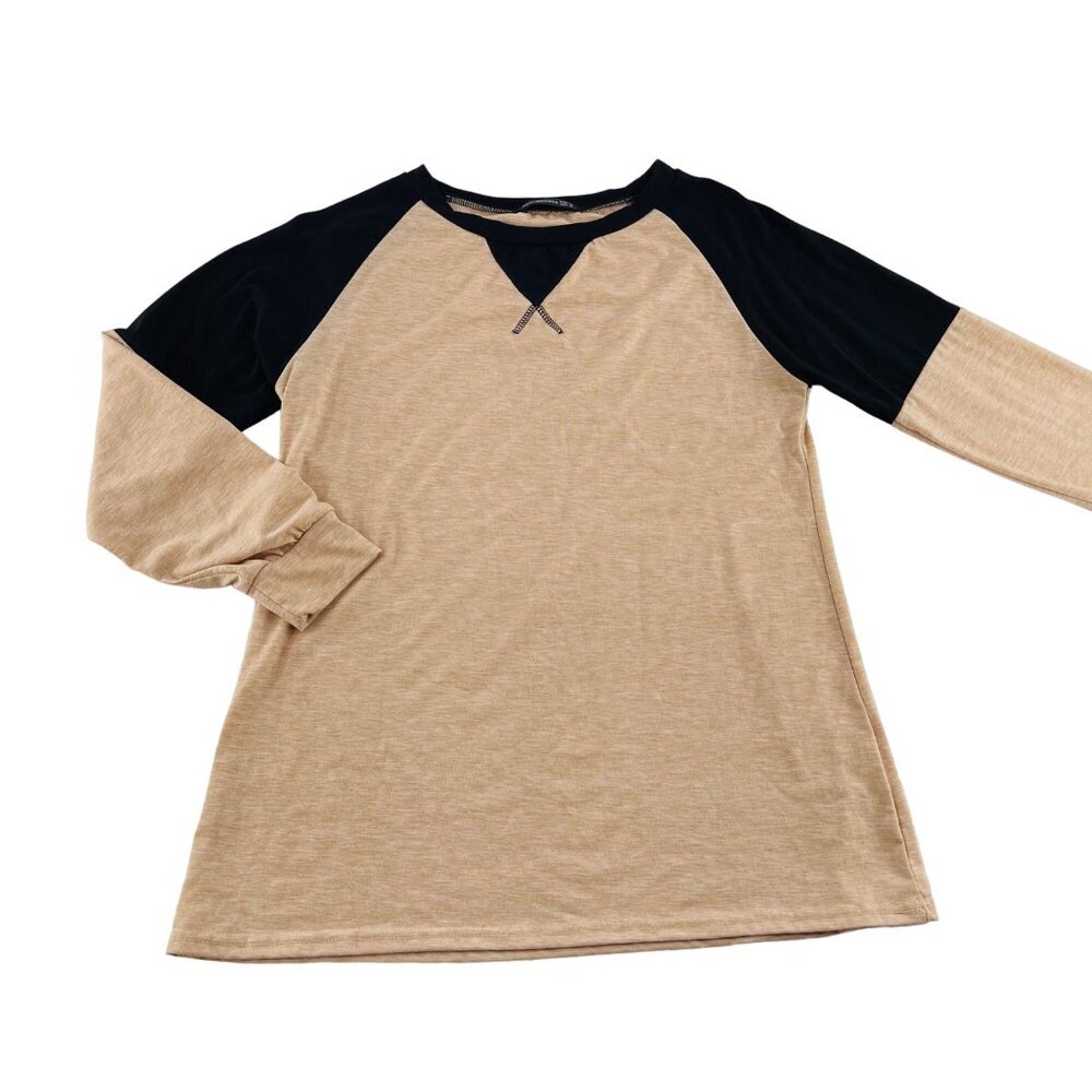 Sarin Mathews Long Sleeve Raglan Crew Neck Tunic Top Tan Black Size M